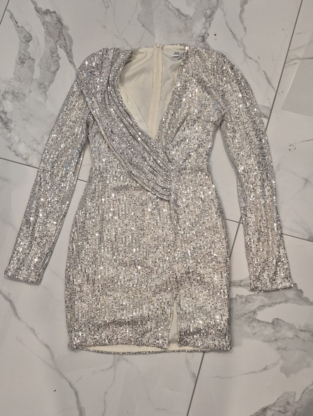 Silver Sequin Long-Sleeve V-Neck Mini Dress